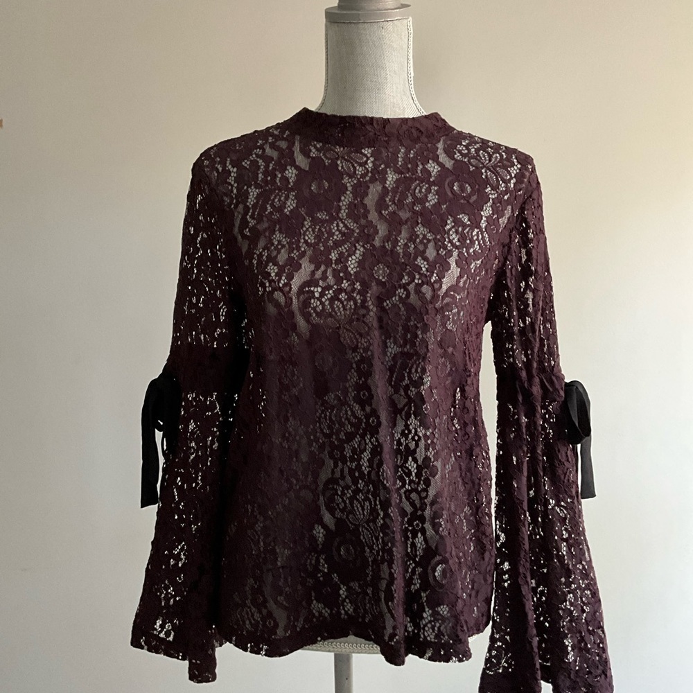 Loft Long Sleeved Burgundy Lace & Ribbons Top Size Small